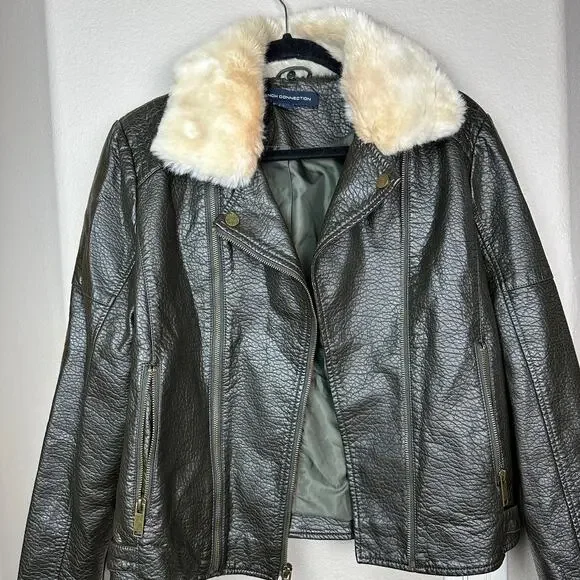 French Connection Faux Leather Fur Collar Moto Jacket Olive Green Large - Picture 11 of 11